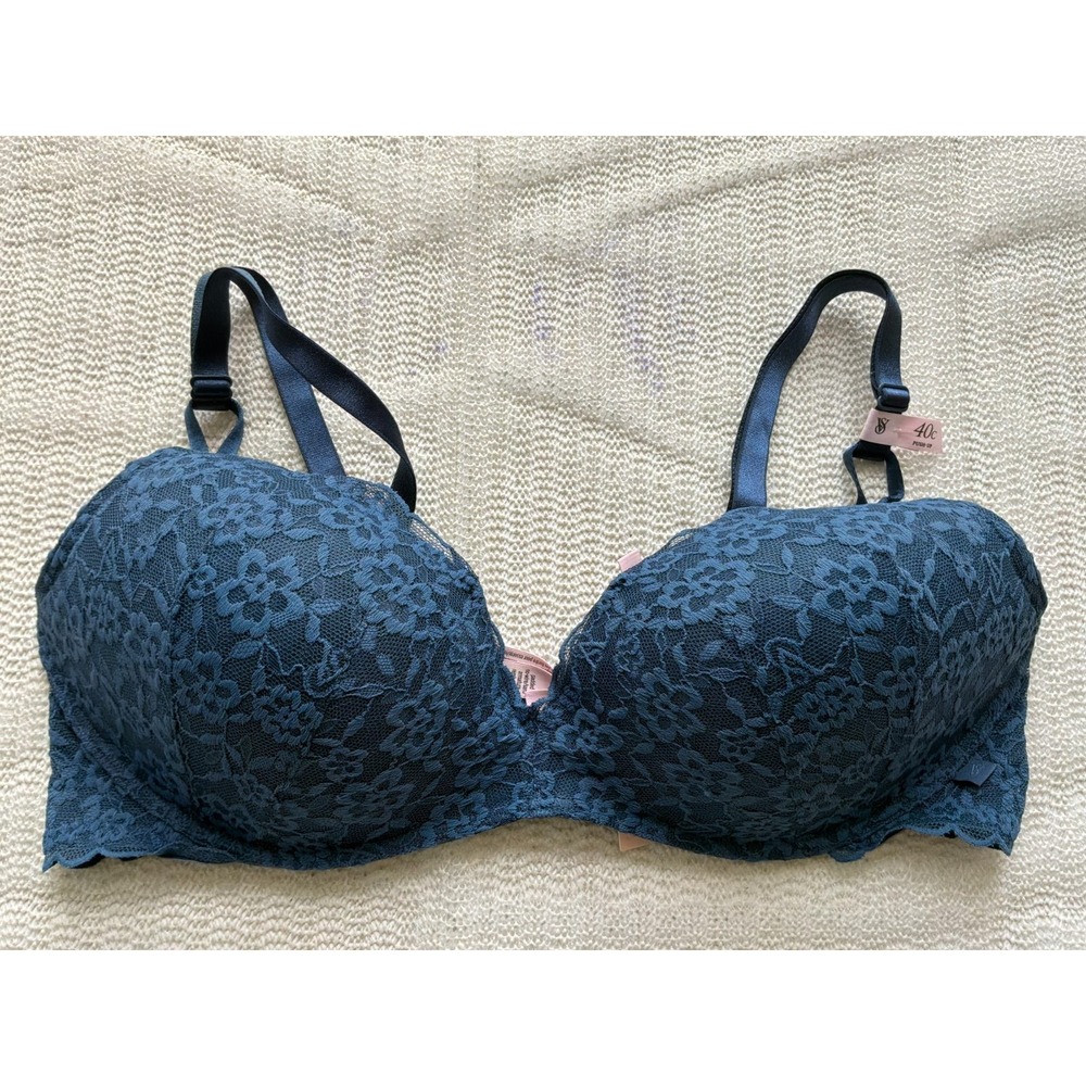 Victoria's Secret 40C Push-Up Bra Navy Blue Lace Wireless Padded NWT
